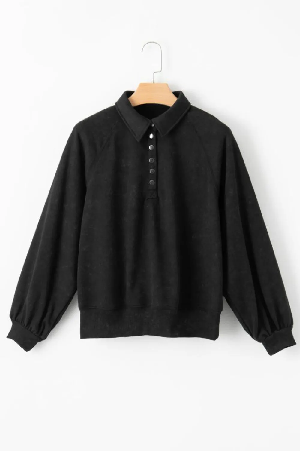 Discount Dear-Lover Washed Snap Buttons Lantern Sleeve Pullover Sweatshirt Black