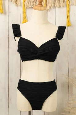 Fashion Dear-Lover Wavy Textured Ruffled Straps Twist Bikini Swimsuit Black