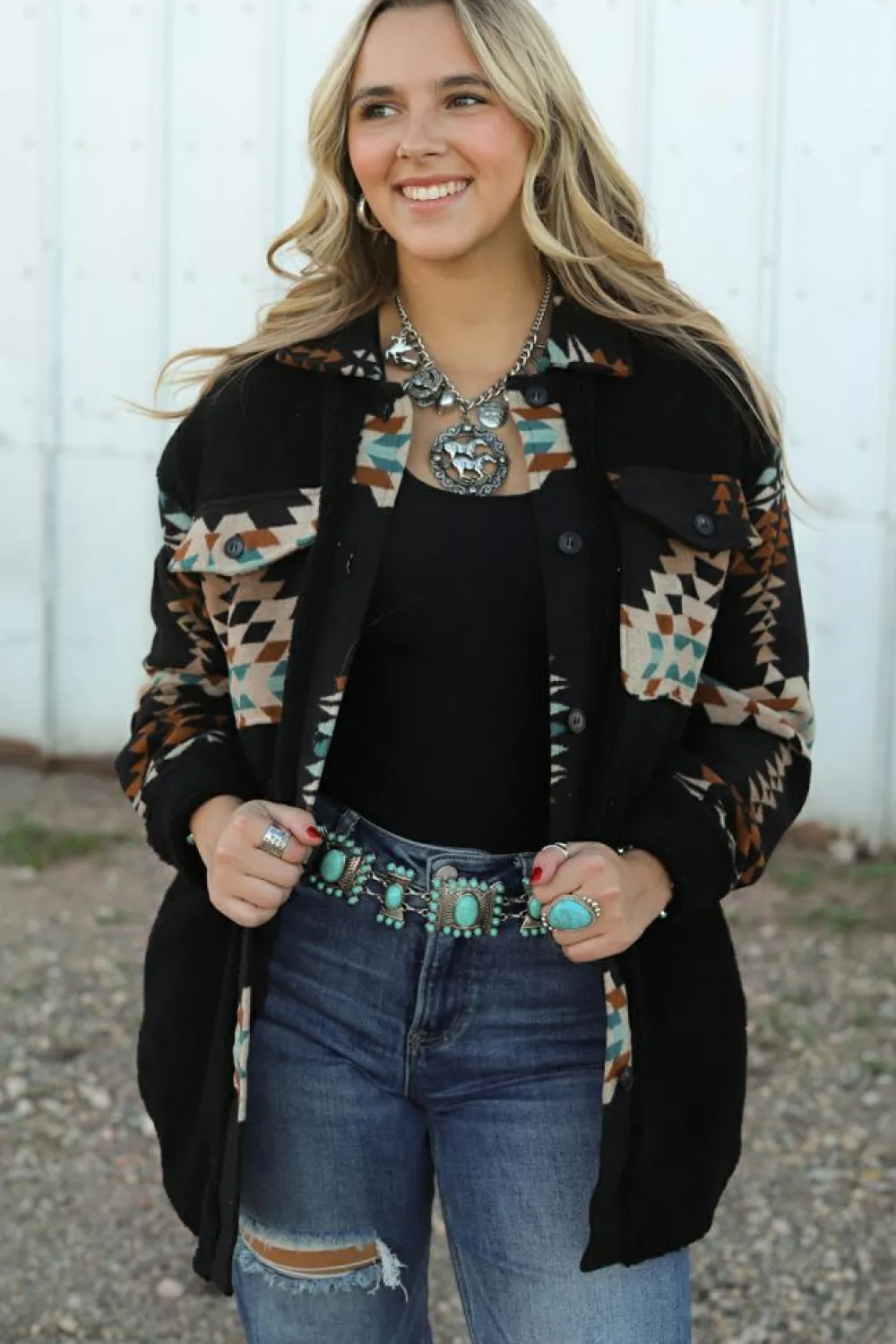 Online Dear-Lover Western Aztec Print Accent Fleece Shacket Black