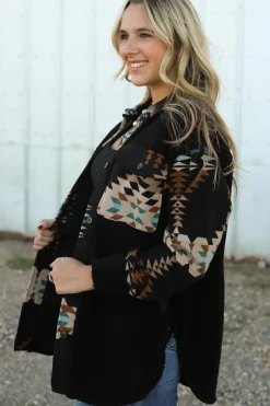 Online Dear-Lover Western Aztec Print Accent Fleece Shacket Black