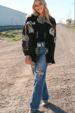 Online Dear-Lover Western Aztec Print Accent Fleece Shacket Black