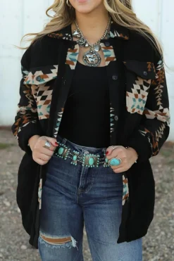 Online Dear-Lover Western Aztec Print Accent Fleece Shacket Black