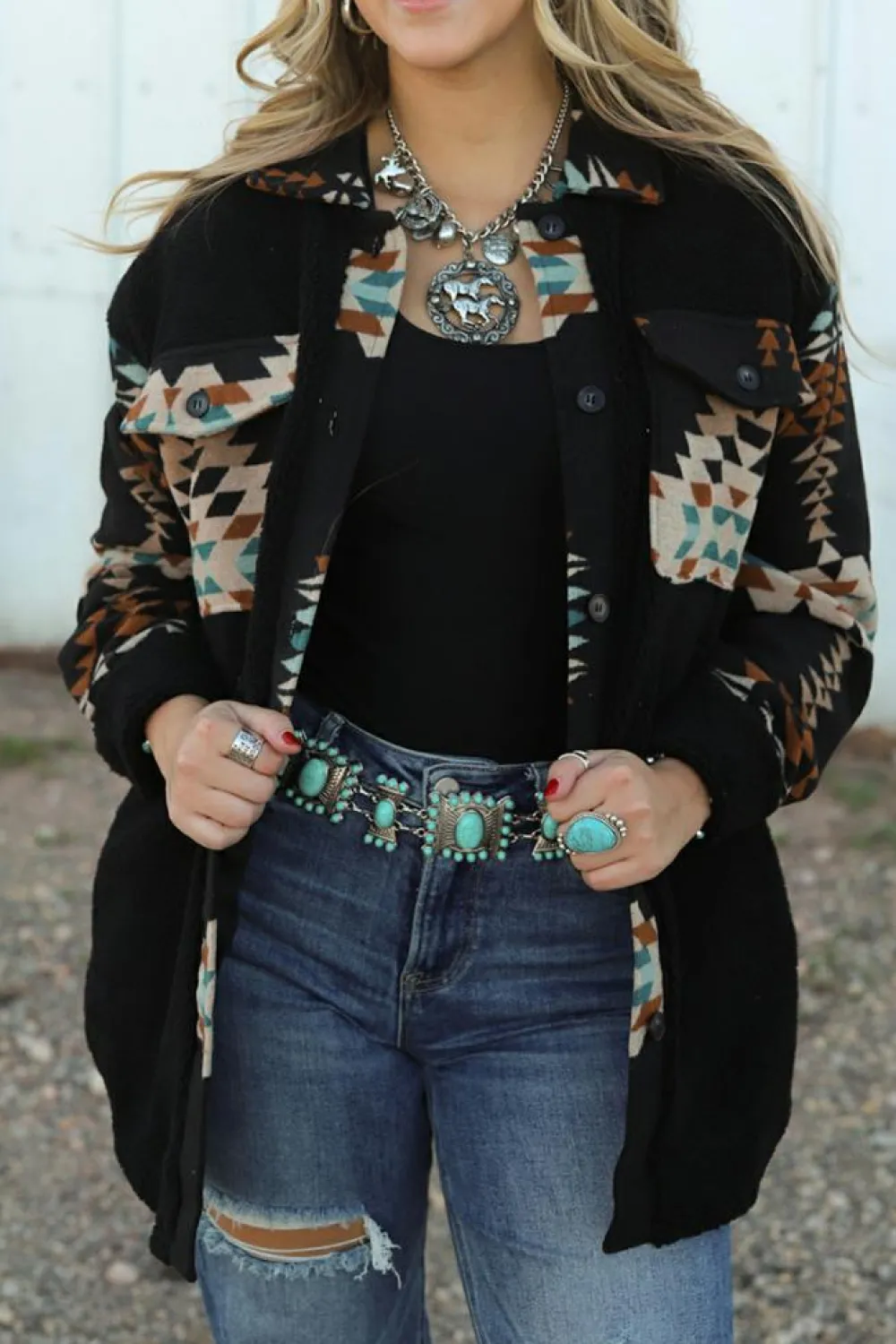 Online Dear-Lover Western Aztec Print Accent Fleece Shacket Black