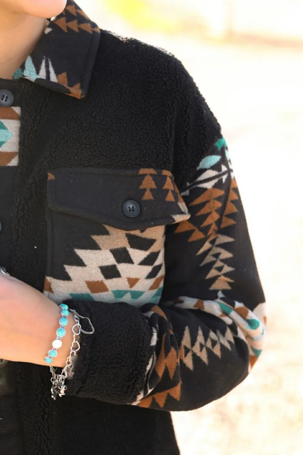 Online Dear-Lover Western Aztec Print Accent Fleece Shacket Black