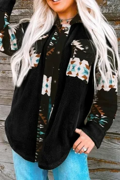 Online Dear-Lover Western Aztec Print Accent Fleece Shacket Black