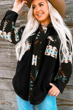 Online Dear-Lover Western Aztec Print Accent Fleece Shacket Black