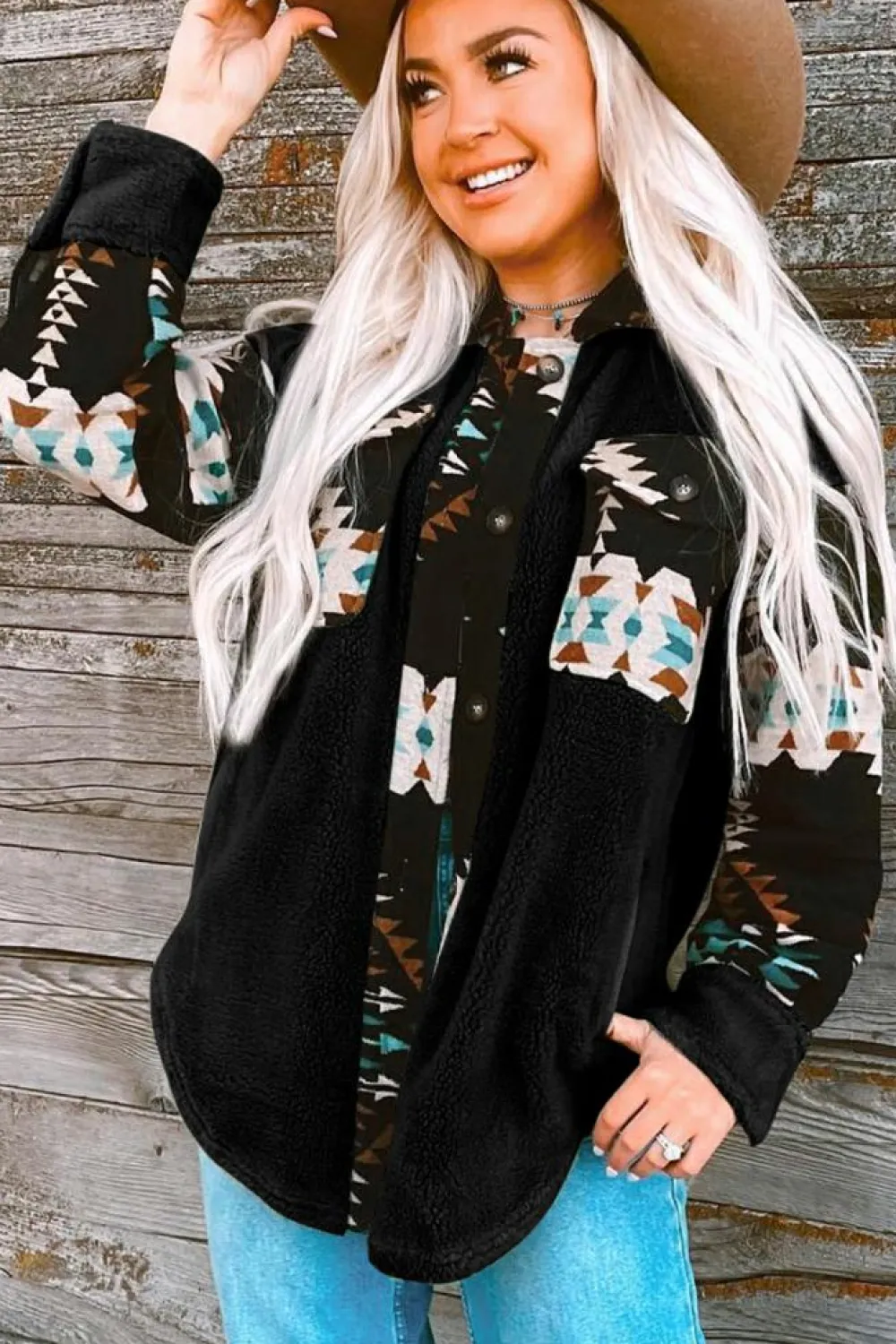 Online Dear-Lover Western Aztec Print Accent Fleece Shacket Black