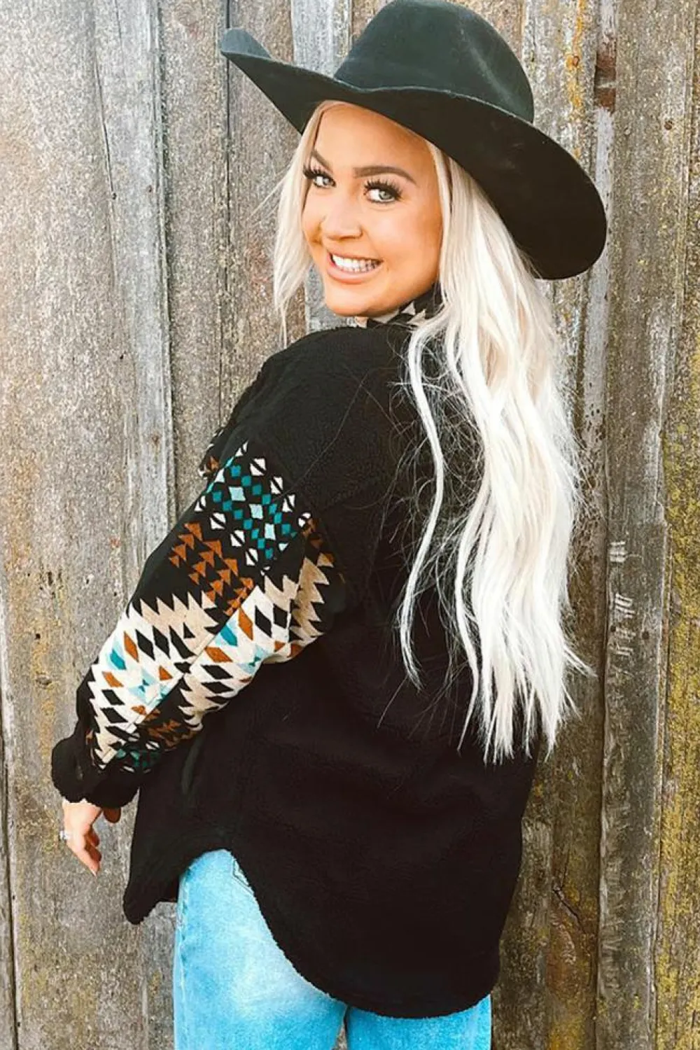 Online Dear-Lover Western Aztec Print Accent Fleece Shacket Black