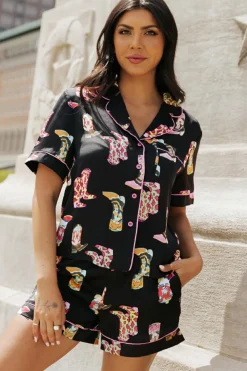 Fashion Dear-Lover Western Boots Printed Short Pajama Set Black