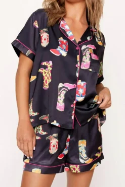 Fashion Dear-Lover Western Boots Printed Short Pajama Set Black