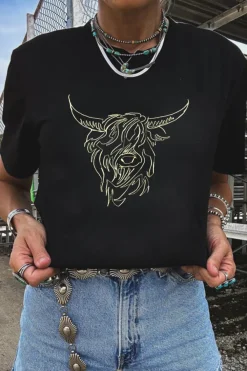 Hot Dear-Lover Western Bull Head Embroidered Pattern T Shirt Black