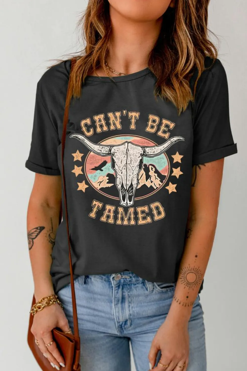 Hot Dear-Lover Western CAN'T BE TAMED Longhorn Graphic T Shirt Black