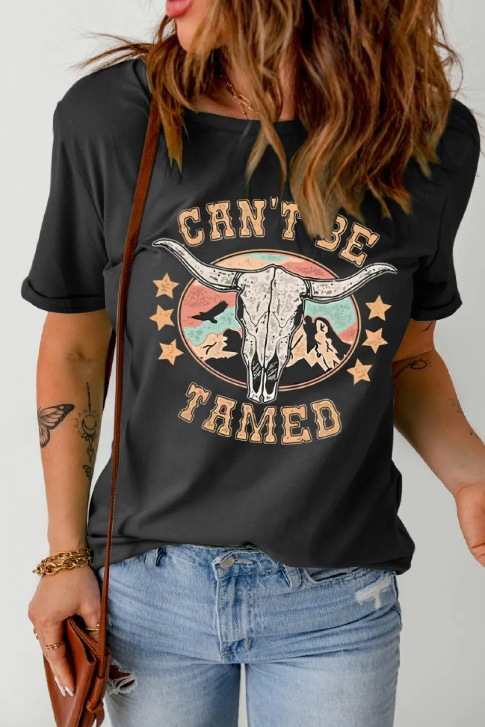 Hot Dear-Lover Western CAN'T BE TAMED Longhorn Graphic T Shirt Black