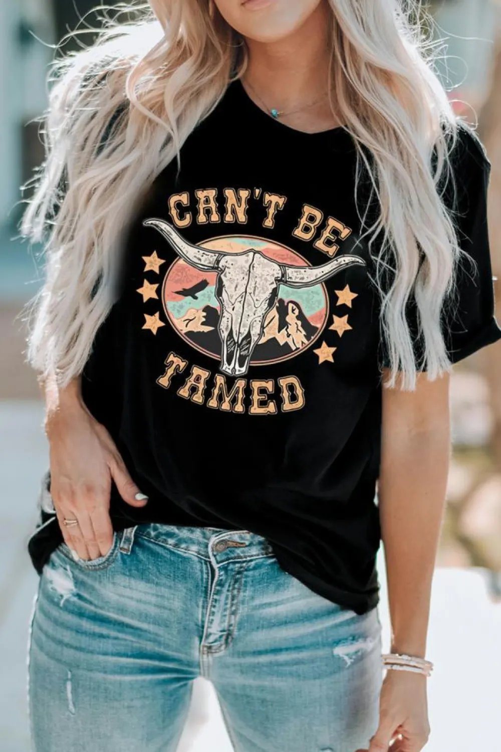 Hot Dear-Lover Western CAN'T BE TAMED Longhorn Graphic T Shirt Black