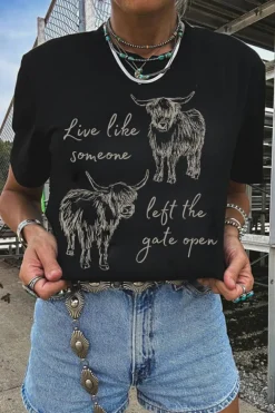 Sale Dear-Lover Western Cow Print Round Neck Casual Tee Black