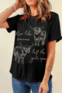 Sale Dear-Lover Western Cow Print Round Neck Casual Tee Black
