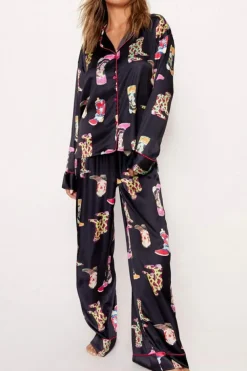 Clearance Dear-Lover Western Cowgirl Boots Printed Satin Long Pajama Set Black