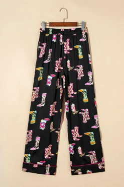 Clearance Dear-Lover Western Cowgirl Boots Printed Satin Long Pajama Set Black