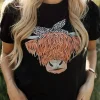 Best Dear-Lover Western Cute Cow Head Printed Graphic Tee Black