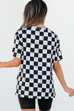 Best Dear-Lover Western Fashion Checkerboard Print Side Split T Shirt Black