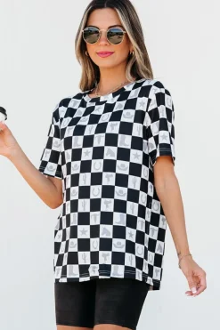 Best Dear-Lover Western Fashion Checkerboard Print Side Split T Shirt Black