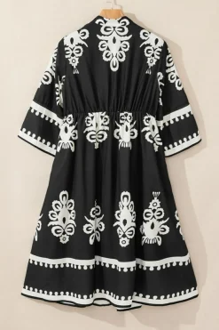 New Dear-Lover Western Geometric Print 3/4 Sleeve Loose Midi Dress Black