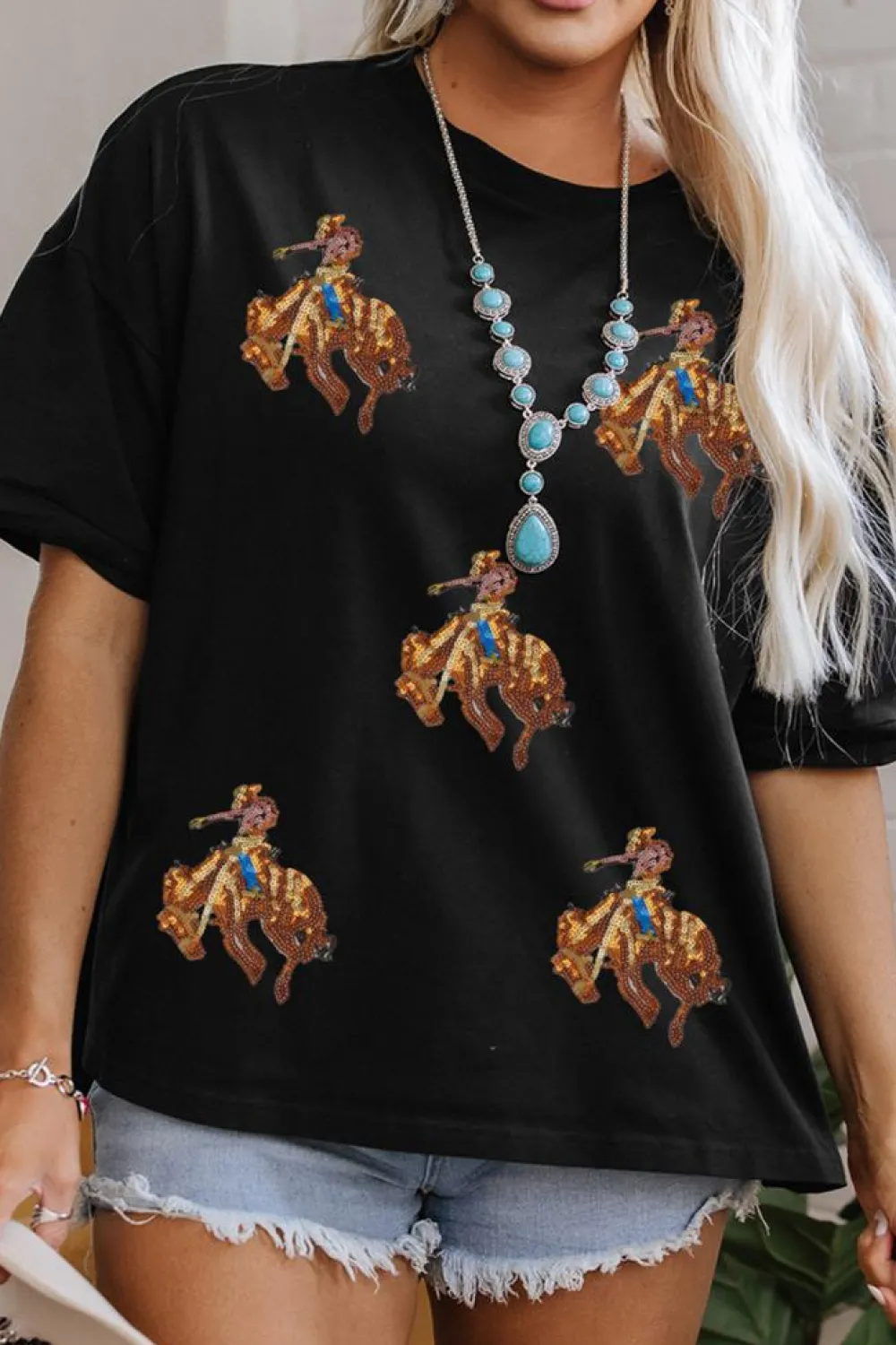 Sale Dear-Lover Western Horse Patched Crew Neck Graphic T Shirt Black