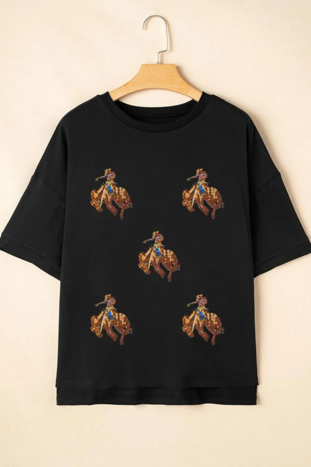 Sale Dear-Lover Western Horse Patched Crew Neck Graphic T Shirt Black