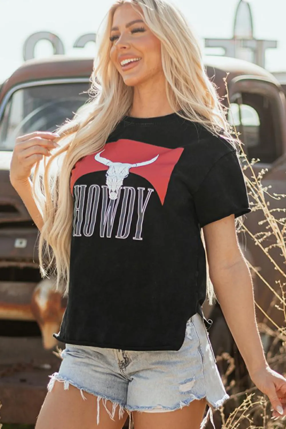 Online Dear-Lover Western HOWDY Steer Head Print Side Slits Loose Fit T Shirt Black
