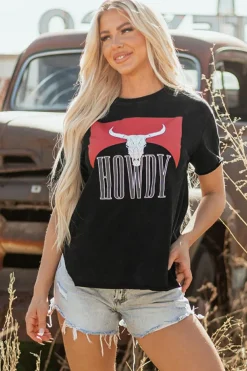 Online Dear-Lover Western HOWDY Steer Head Print Side Slits Loose Fit T Shirt Black