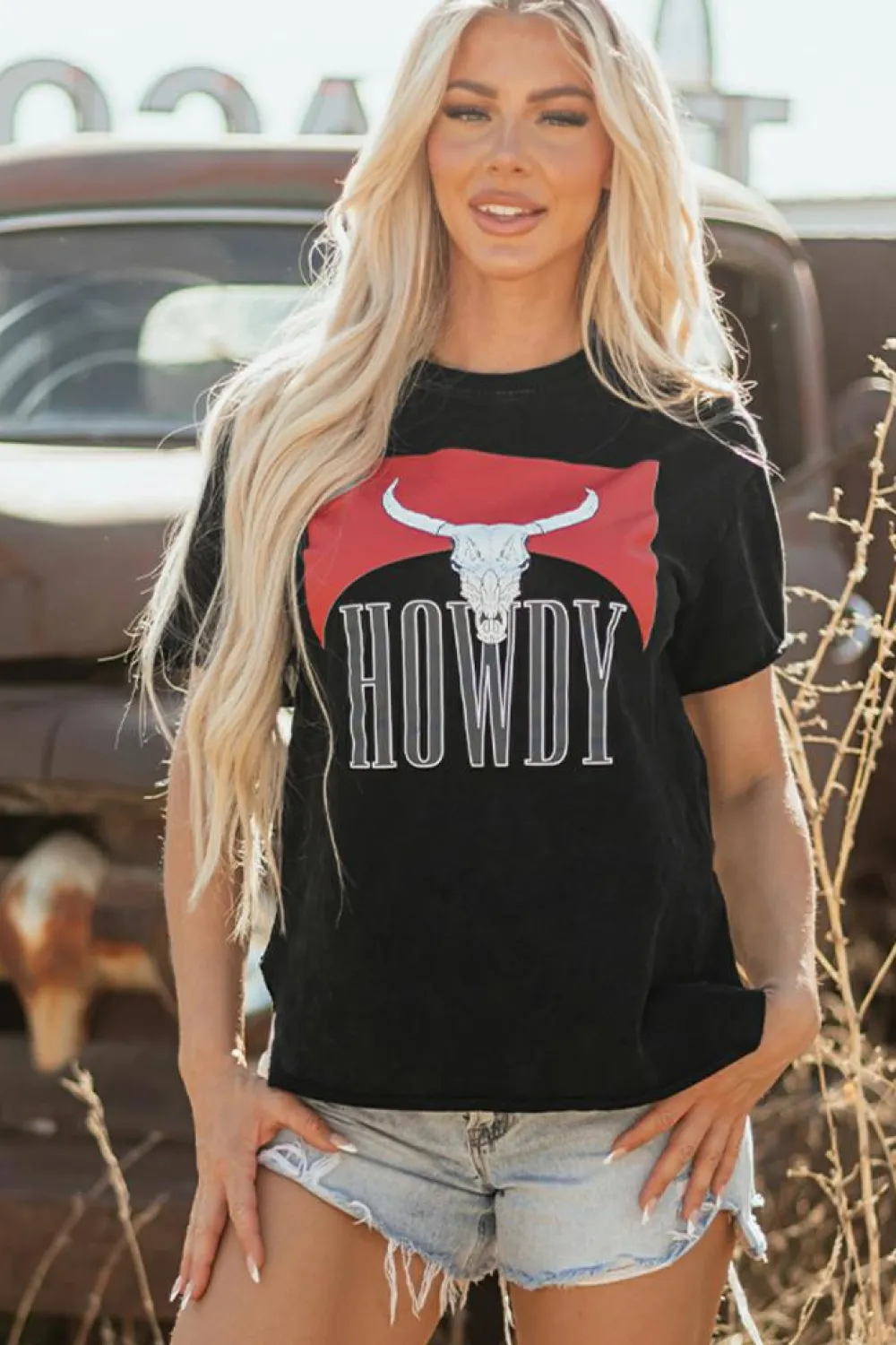 Online Dear-Lover Western HOWDY Steer Head Print Side Slits Loose Fit T Shirt Black