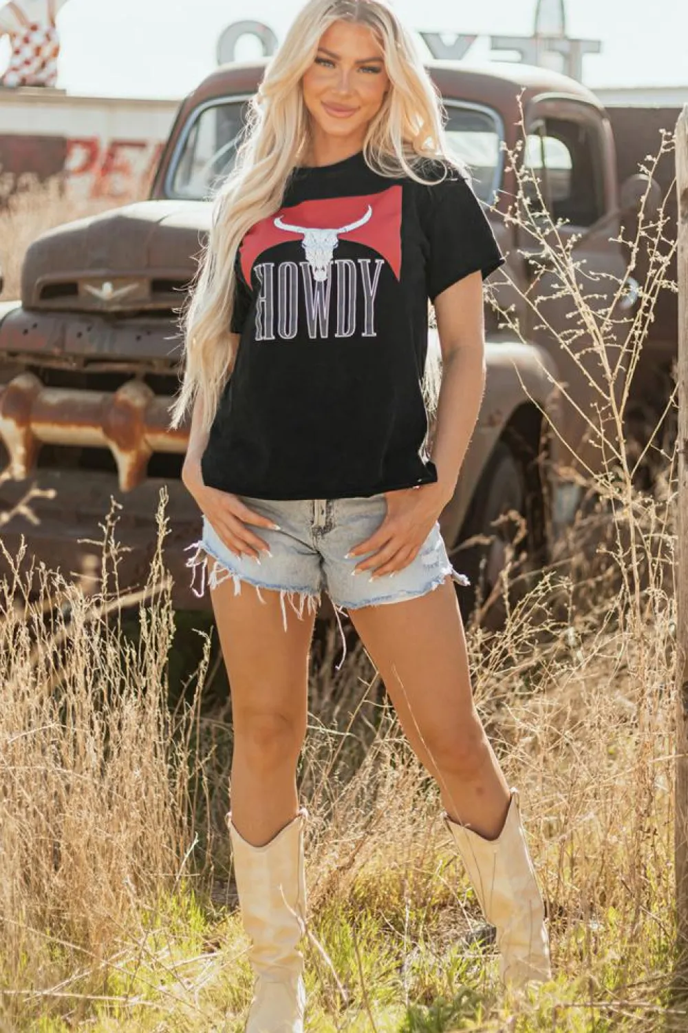 Online Dear-Lover Western HOWDY Steer Head Print Side Slits Loose Fit T Shirt Black