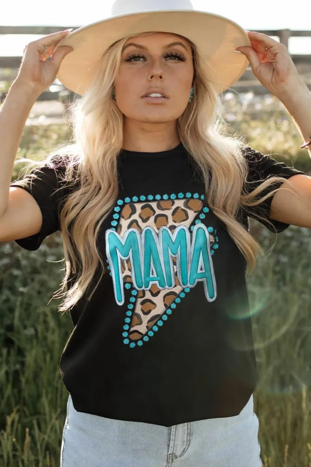 Online Dear-Lover Western MAMA Leopard Lightning Graphic Tee Black