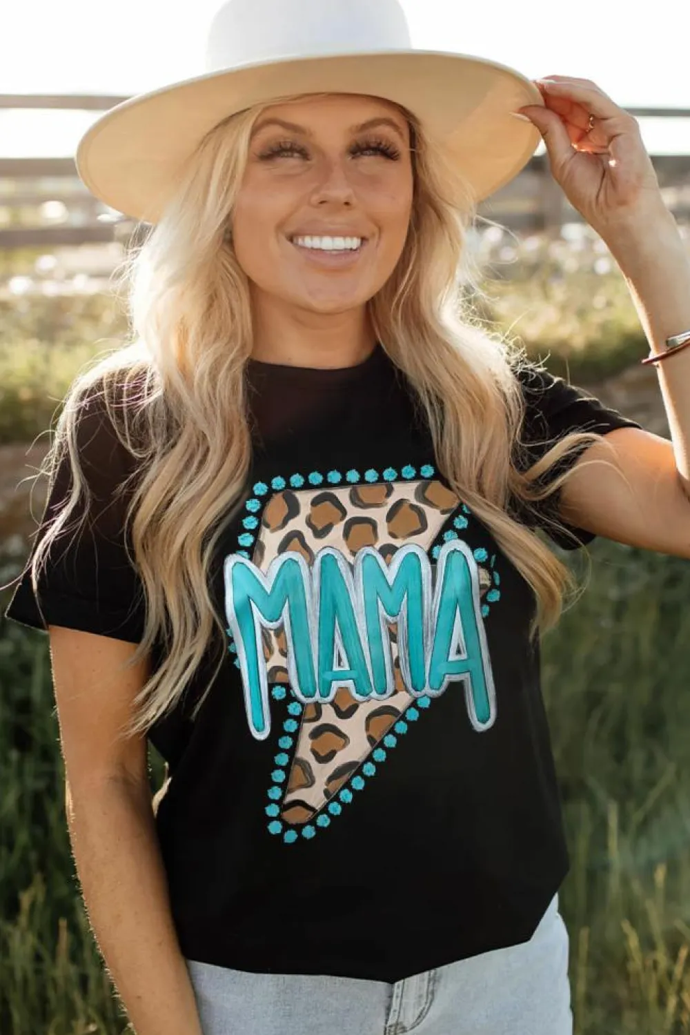 Online Dear-Lover Western MAMA Leopard Lightning Graphic Tee Black
