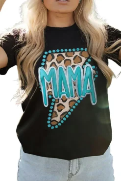 Online Dear-Lover Western MAMA Leopard Lightning Graphic Tee Black