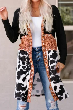 Best Dear-Lover Western Pattern Cow Patchwork Open Front Cardigan Black