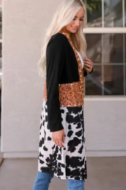 Best Dear-Lover Western Pattern Cow Patchwork Open Front Cardigan Black