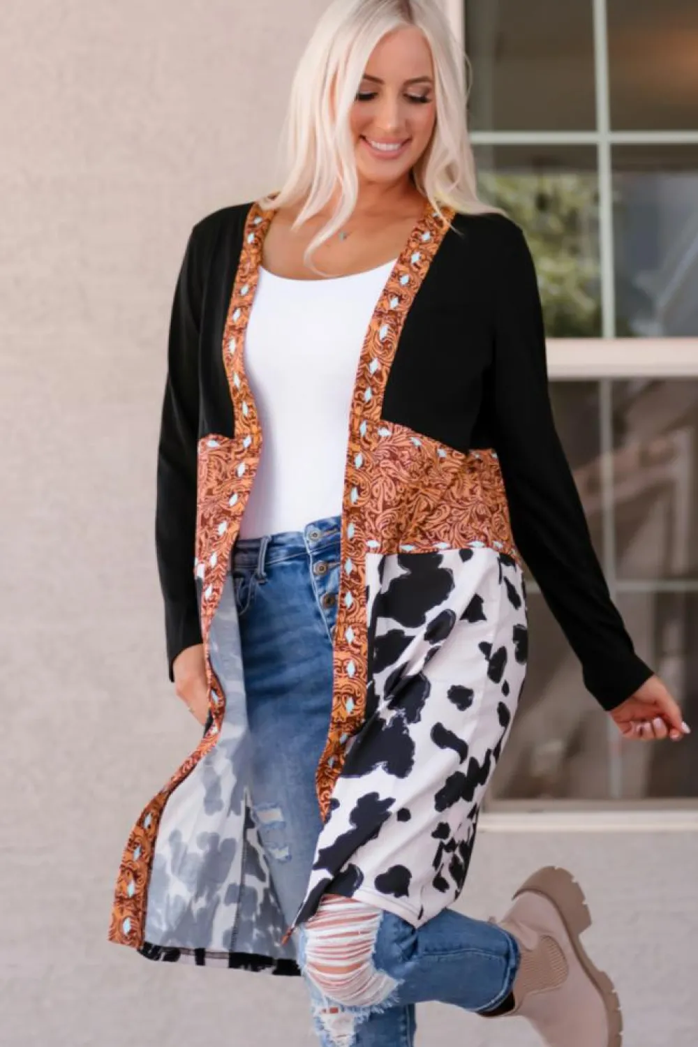 Best Dear-Lover Western Pattern Cow Patchwork Open Front Cardigan Black
