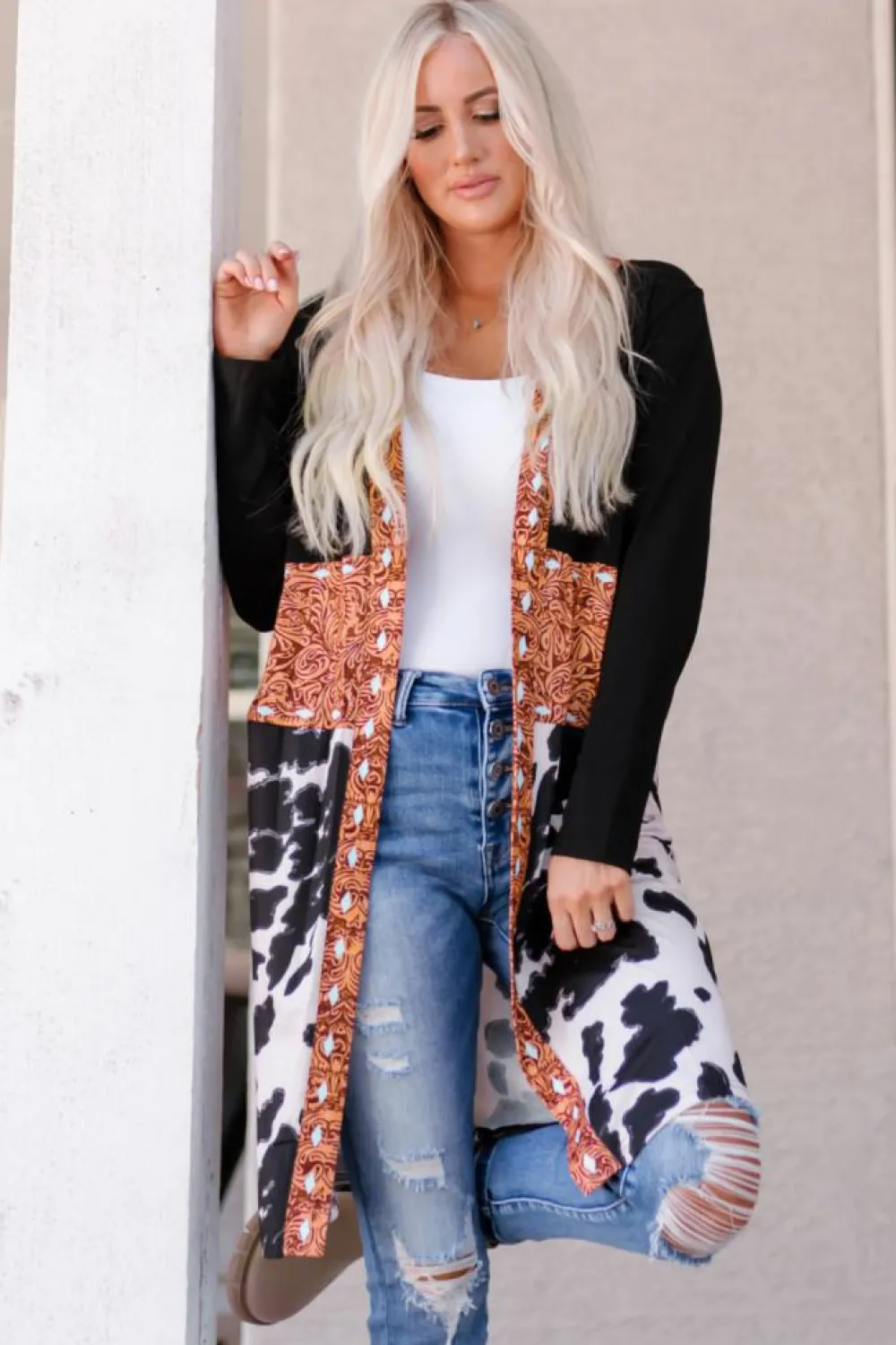 Best Dear-Lover Western Pattern Cow Patchwork Open Front Cardigan Black