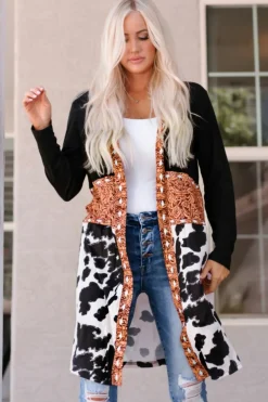 Best Dear-Lover Western Pattern Cow Patchwork Open Front Cardigan Black