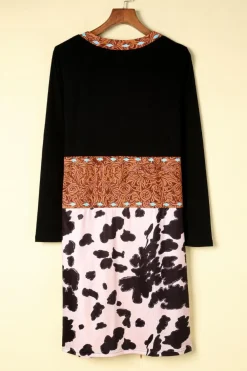 Best Dear-Lover Western Pattern Cow Patchwork Open Front Cardigan Black