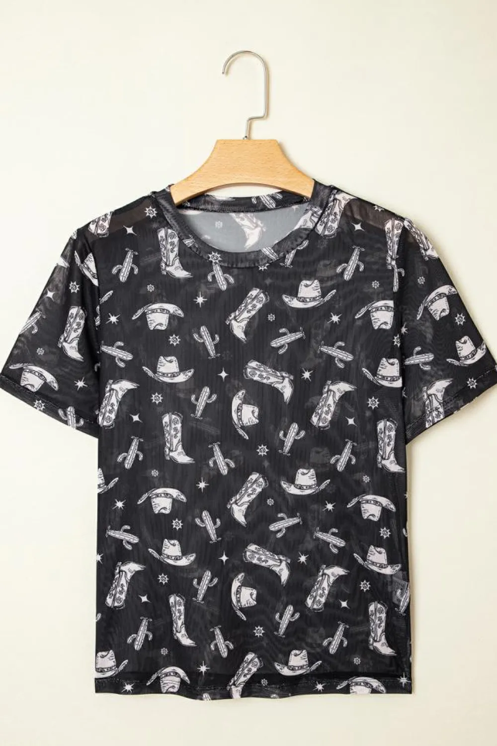 Sale Dear-Lover Western Pattern Mesh Sheer Crew Neck T Shirt Black