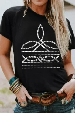 New Dear-Lover Western Pattern Print Slim Fit Crew Neck T Shirt Black