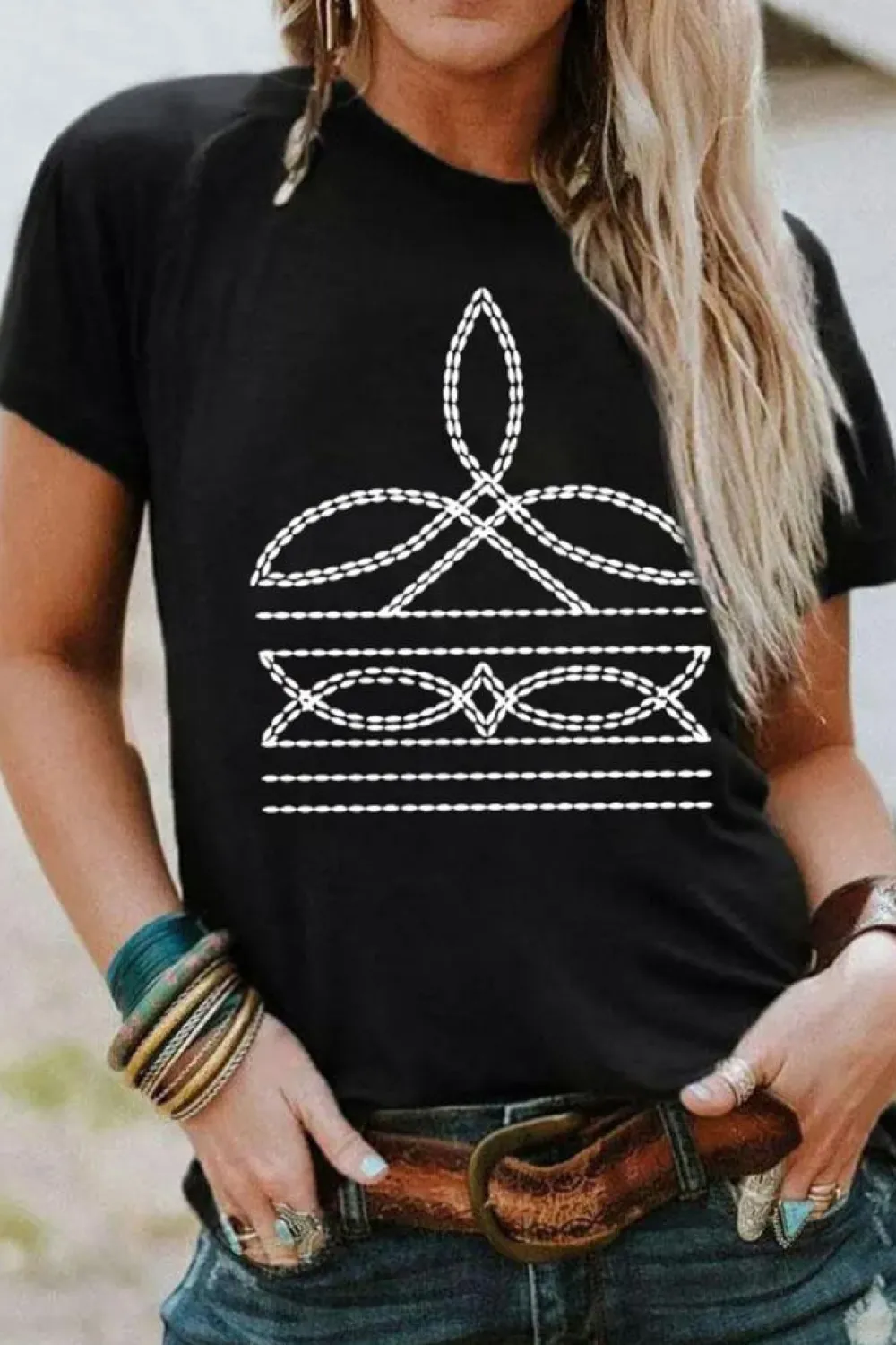 New Dear-Lover Western Pattern Print Slim Fit Crew Neck T Shirt Black