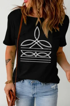 New Dear-Lover Western Pattern Print Slim Fit Crew Neck T Shirt Black