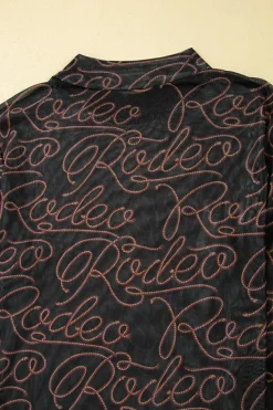 Outlet Dear-Lover Western Rodeo Printed Mock Neck Long Sleeve Mesh Top Black