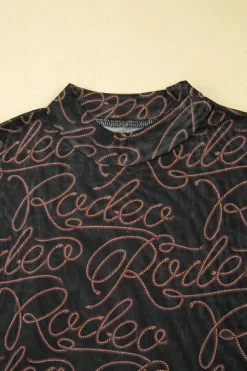 Outlet Dear-Lover Western Rodeo Printed Mock Neck Long Sleeve Mesh Top Black