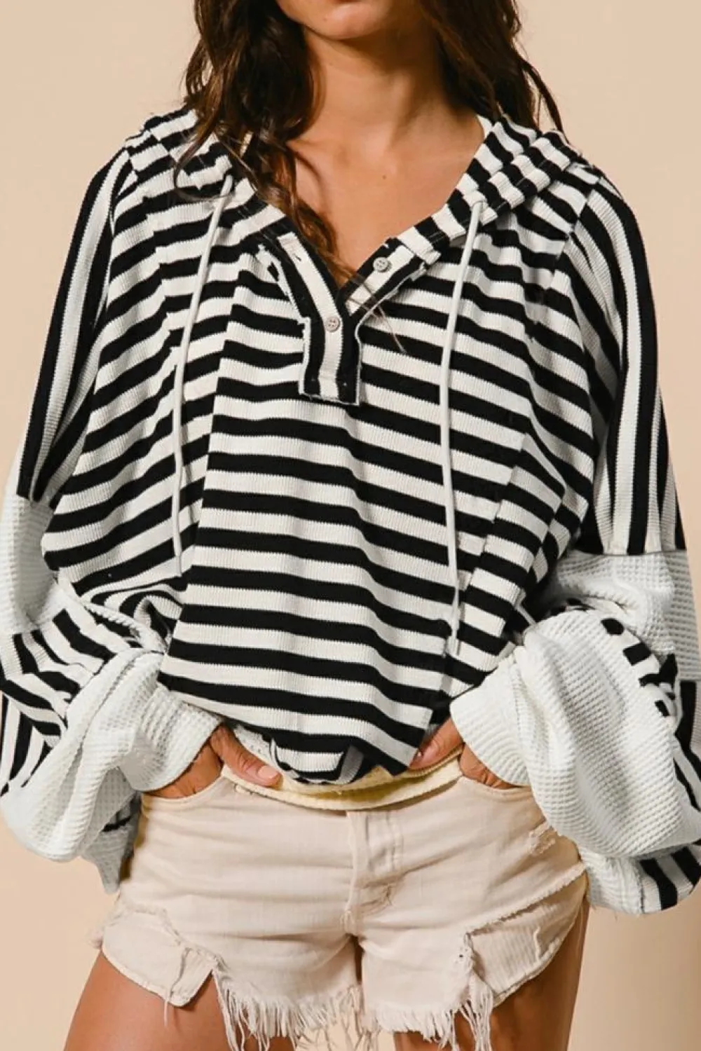 Discount Dear-Lover Oversized Striped Henley Buttons Dolman Sleeve Hooded Top Black white