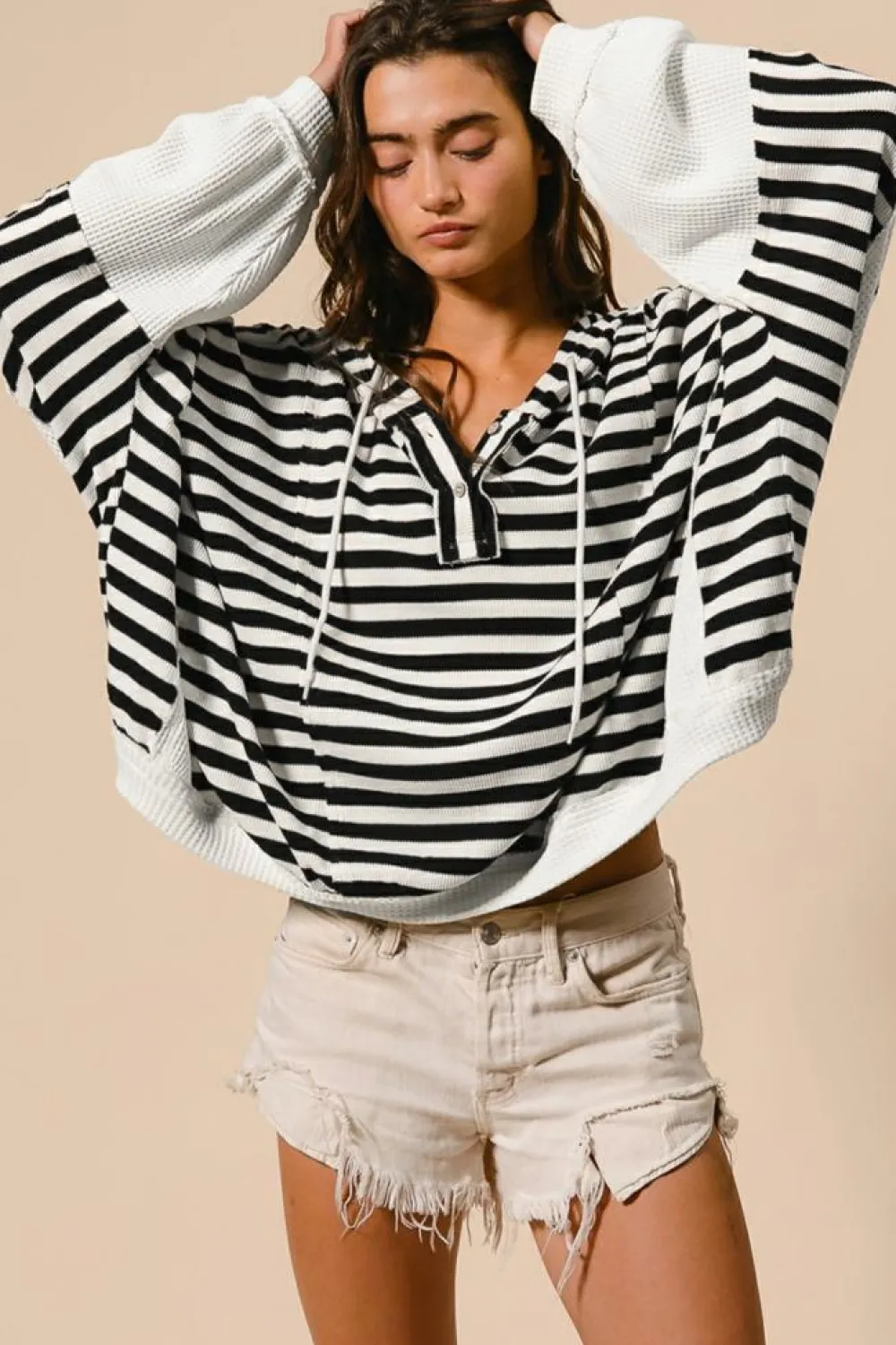 Discount Dear-Lover Oversized Striped Henley Buttons Dolman Sleeve Hooded Top Black white