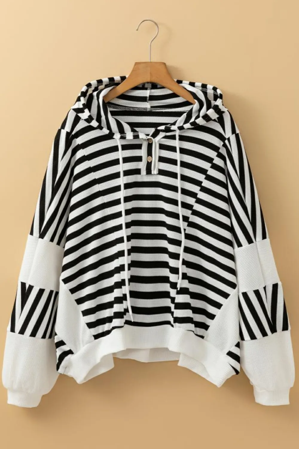Discount Dear-Lover Oversized Striped Henley Buttons Dolman Sleeve Hooded Top Black white